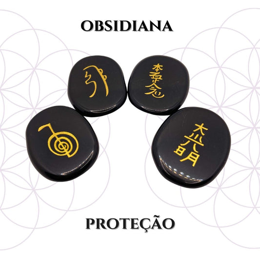 Set Pedras de Palma - Obsidiana com Símbolo do Reiki